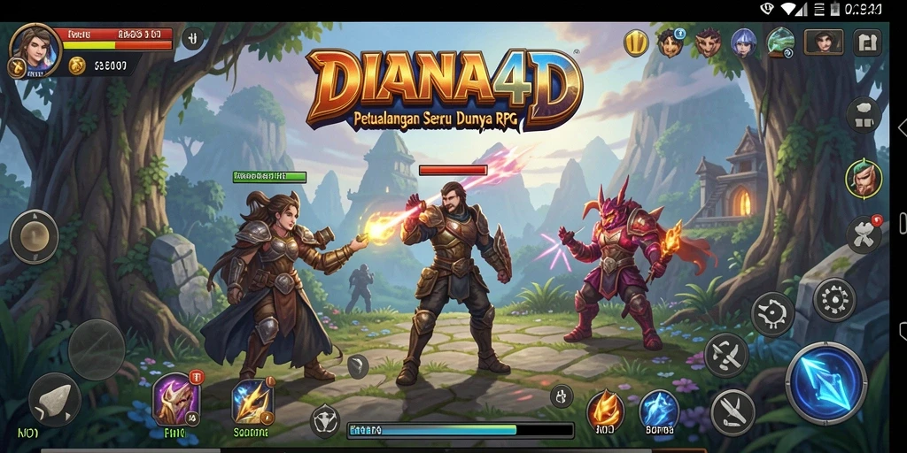 Screenshot utama DIANA4D menampilkan karakter utama dalam pertempuran epik.