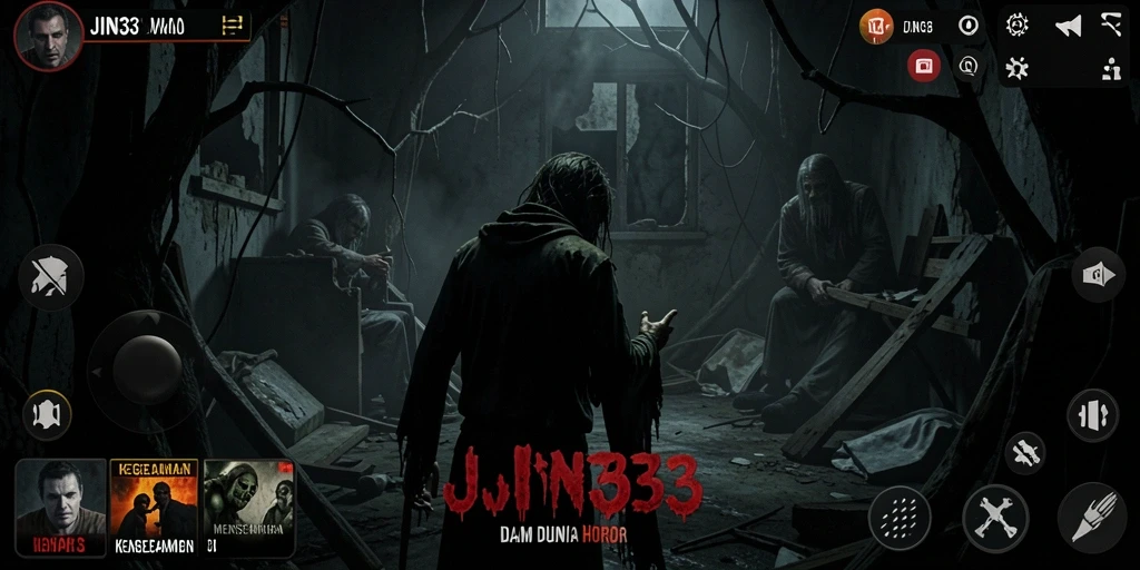 Tampilan gameplay JIN33 menampilkan suasana horor yang intens dan mendebarkan.
