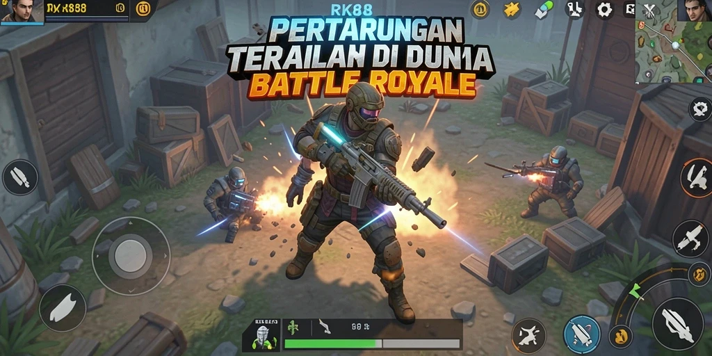 Tampilan gameplay RK88: pertarungan mendebarkan di medan perang Battle Royale.