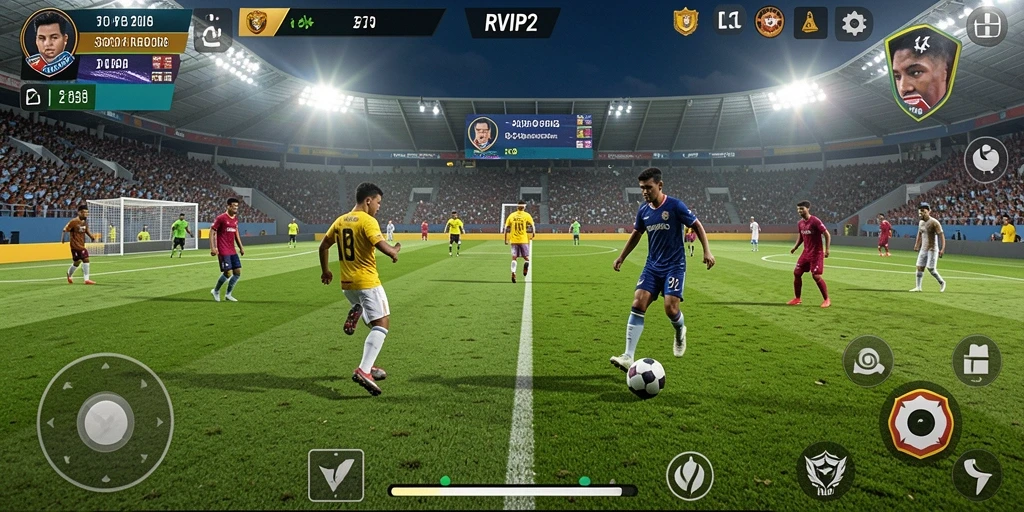 Screenshot utama gameplay RVIP2 menunjukkan aksi seru sepak bola.