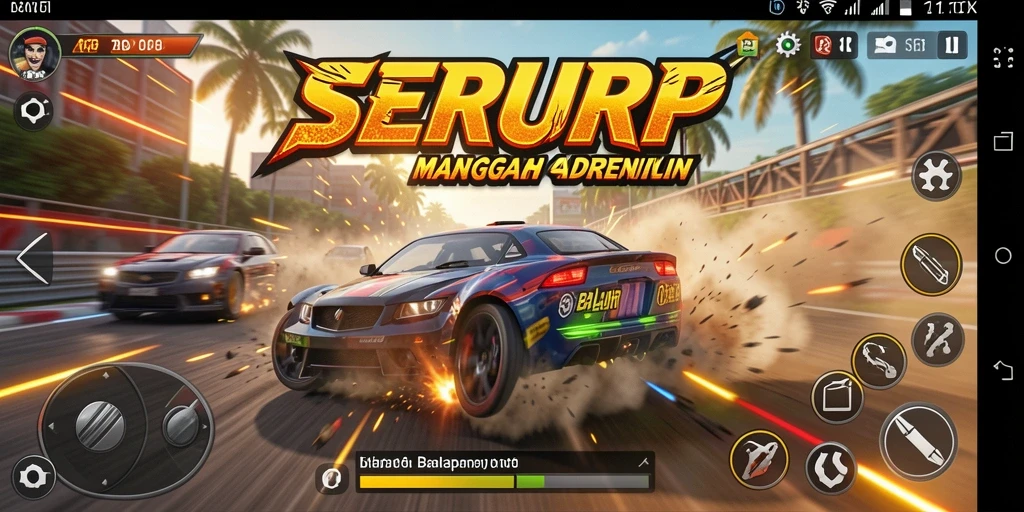 Tangkapan layar SERURP menampilkan aksi balapan yang mendebarkan dan kendaraan yang stylish.